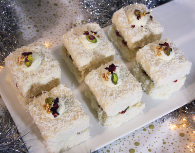 White Christmas Lamingtons (with Pistachios and Cranberries)